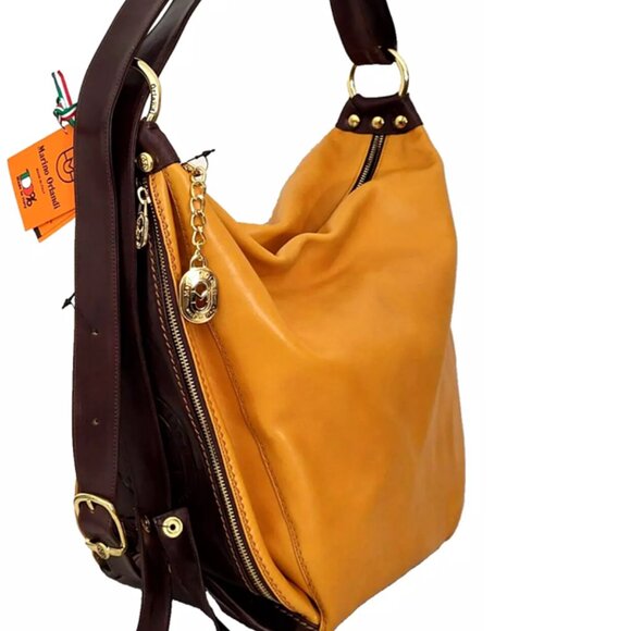 MARINO ORLANDI TAN BROWN LOGO ITALIAN DESIGNER LARGE BACKPACK SLING BAG NWT!